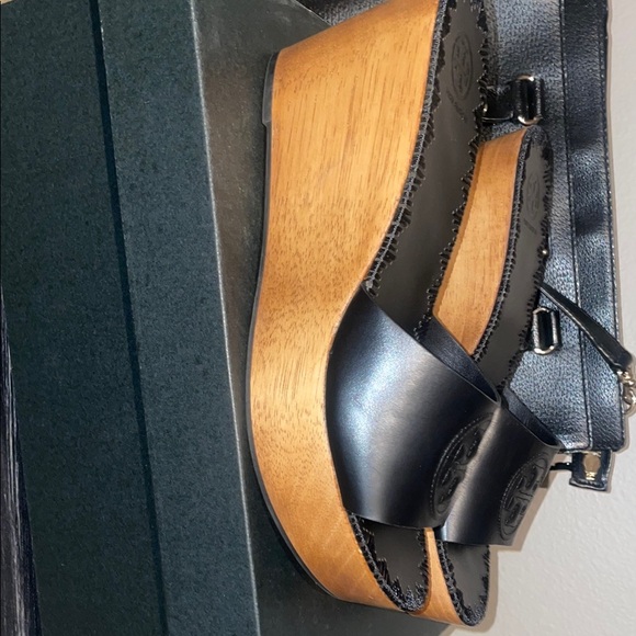 Tory Burch Black and Brown Wedge Shoes with Stud Detailing - Picture 2 of 4